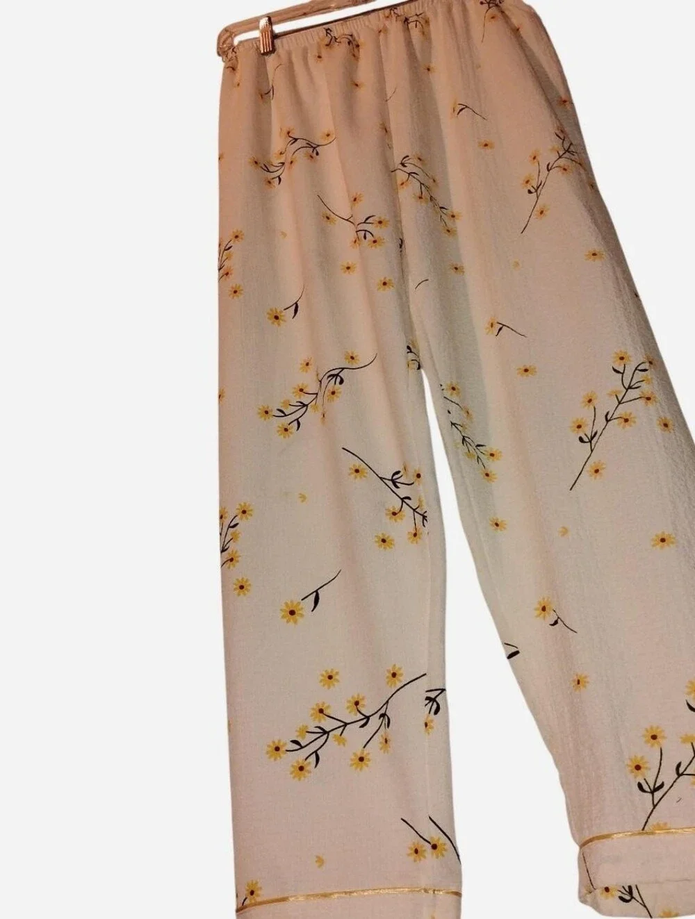 Floral Pajama Pants Large White Yellow Daisy Plisse Seersucker Wide Leg Lounge